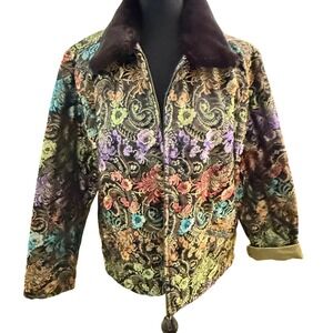 Vintage Chicos Design Brocade Floral Faux Fur Collar Up Jacket Women's Size 2